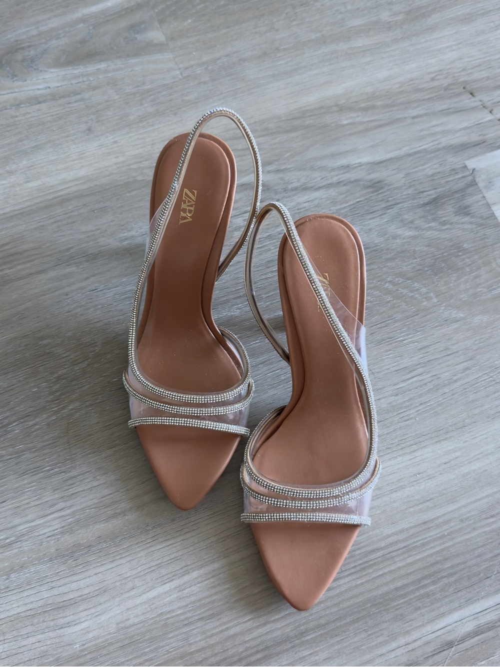 ZARA Blush Nude Pointed Slingback Heels with Crystal Straps
